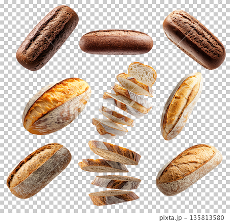 Assortment of different fresh bread loaves and slices on white background. Concept of bakery goods, food variety and freshness 135813580