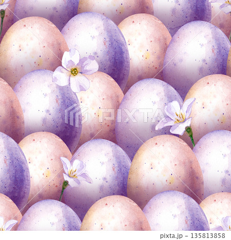 Spring seamless pattern with colored eggs and small white flowers. Watercolor illustration of eggs with drops of paint and flowering plants. Realistic seamless background for Easter and spring themes Spring seamless pattern with colored eggs and small white flowers. Watercolor illustration of eggs with drops of paint and flowering plants. Realistic seamless background for Easter and spring themes 135813858