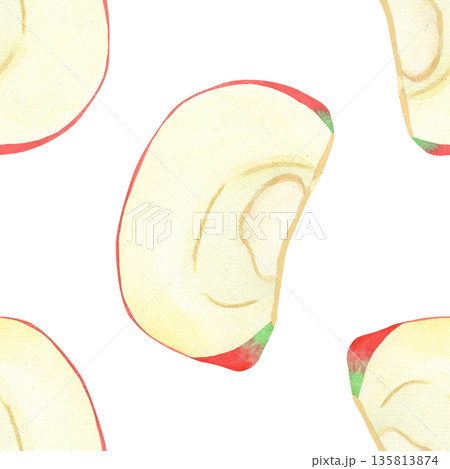 Illustration of an apple, slice, and half, hand-drawn watercolor fruit seamless pattern. Ripe realistic seasonal fruit. 135813874