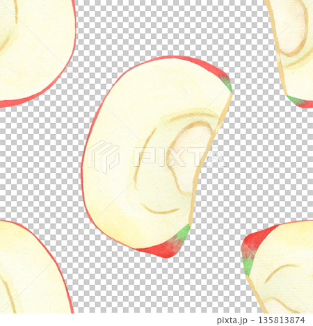 Illustration of an apple, slice, and half, hand-drawn watercolor fruit seamless pattern. Ripe realistic seasonal fruit. 135813874