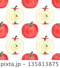 Illustration of an apple, slice, and half, hand-drawn watercolor fruit seamless pattern. Ripe realistic seasonal fruit. 135813875