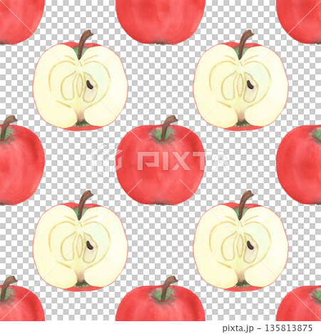Illustration of an apple, slice, and half, hand-drawn watercolor fruit seamless pattern. Ripe realistic seasonal fruit. 135813875