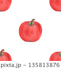 Illustration of an apple, slice, and half, hand-drawn watercolor fruit seamless pattern. Ripe realistic seasonal fruit. 135813876
