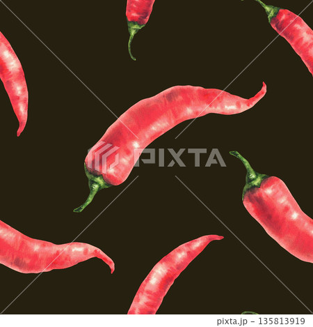 Chili pepper seamless pattern. Watercolor realistic hand painted red whole vegetables pods with green stem. Hot spice seasoning food fabric, kitchen wallpaper on Isolated dark background illustration Chili pepper seamless pattern. Watercolor realistic hand painted red whole vegetables pods with green stem. Hot spice seasoning food fabric, kitchen wallpaper on Isolated dark background illustration 135813919
