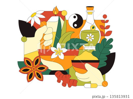 Alternative Medicine And Herbal Healing Vector Illustration With Energy Therapies, Ginseng Root, Essential Oils, Seeds Background Alternative Medicine And Herbal Healing Vector Illustration With Energy Therapies, Ginseng Root, Essential Oils, Seeds Background 135813931
