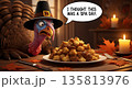 Funny cartoon turkey enjoying Thanksgiving dinner on spa day 135813976
