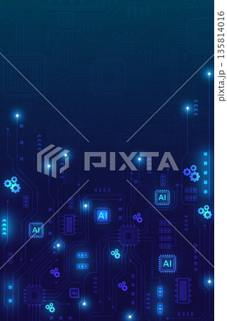 Glowing blue circuit lines with gears and microchips in vertical pattern 135814016