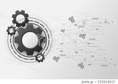 Grey Black Mechanical Gears Connected to Digital Circuit Lines on White Surface Grey Black Mechanical Gears Connected to Digital Circuit Lines on White Surface 135814017