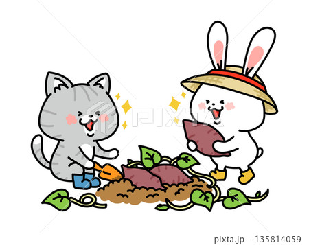 芋掘りを楽しむ猫とウサギ　芋掘り大会 135814059