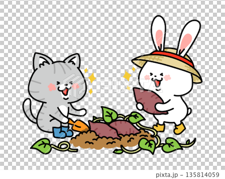 芋掘りを楽しむ猫とウサギ　芋掘り大会 135814059