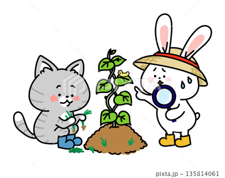 草むしりをする猫さんと青虫に驚くウサギさん 135814061