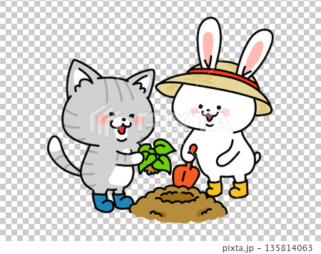 苗の植え付けをする仲良し猫とウサギ 135814063