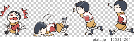 圖:一個孩子雙手插兜走路,然後摔倒(彩色) 圖:一個孩子雙手插兜走路,然後摔倒(彩色) 135814264