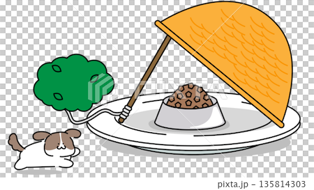 Illustration of a dog on guard after being tricked into eating food | Image of pet training and caution 135814303