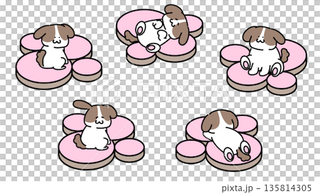 肉球クッションの上でくつろぐかわいい犬のポーズイラストセット 135814305
