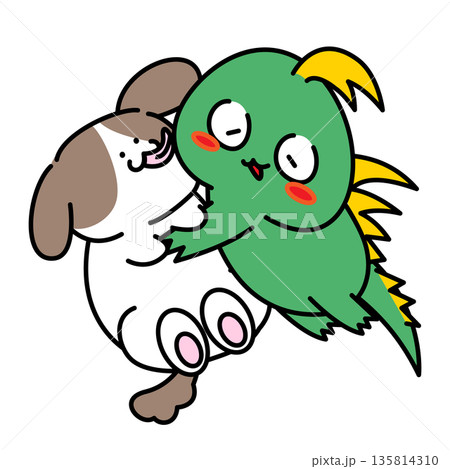 犬に甘えるチュパカブラのイラスト｜なかよし・信頼・スキンシップのイメージ 135814310