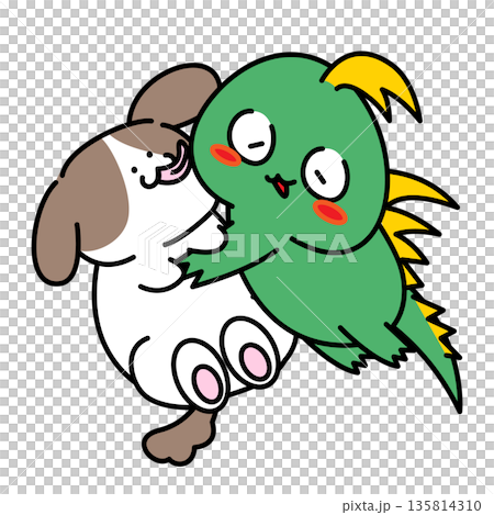 犬に甘えるチュパカブラのイラスト｜なかよし・信頼・スキンシップのイメージ 135814310