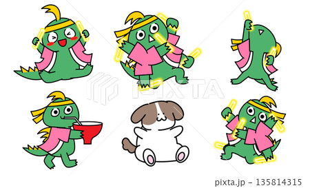 ペンライトで推し活をするチュパカブラと犬のキャラクターイラストセット 135814315