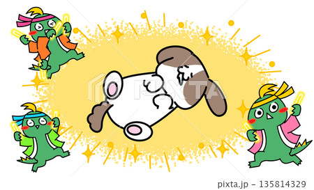 応援されて照れる犬のキャラクターイラスト（ペンライト・お祭り風） 135814329