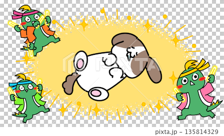応援されて照れる犬のキャラクターイラスト（ペンライト・お祭り風） 135814329