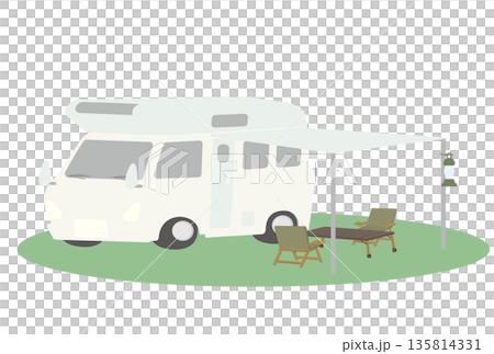 白いキャンピングカーのサイドオーニングにテーブルと椅子のセットを並べているイラスト 135814331