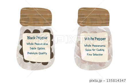 瓶に入った粒胡椒のセット ブラックペッパーとホワイトペッパー 瓶に入った粒胡椒のセット ブラックペッパーとホワイトペッパー 135814347