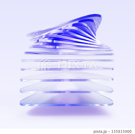 Glass layered 3d shape with twisted transparent effect, light purple gradient. Modern architecture pattern, infographic element for business presentation, futuristic tech, data array. 3D illustration Glass layered 3d shape with twisted transparent effect, light purple gradient. Modern architecture pattern, infographic element for business presentation, futuristic tech, data array. 3D illustration 135815000