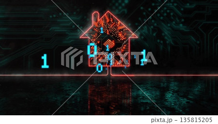 Glowing red neon house outline featuring central microchip in digital space, floating binary digits 135815205