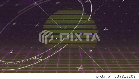 Glowing yellow-green striped circle hovering over magenta grid in digital scene with arcs, crosses Glowing yellow-green striped circle hovering over magenta grid in digital scene with arcs, crosses 135815208