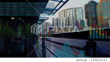 Showing platform gleaming on wet tiles under canopy by railing, with data overlay, copy space Showing platform gleaming on wet tiles under canopy by railing, with data overlay, copy space 135815212