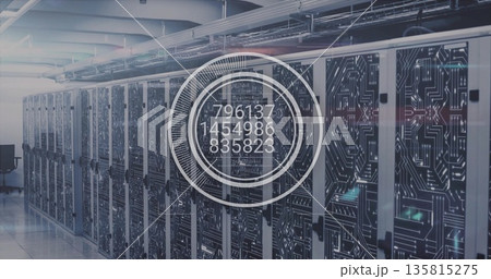 Displaying interface overlay showing codes in data center with glass-doored servers and LEDs Displaying interface overlay showing codes in data center with glass-doored servers and LEDs 135815275