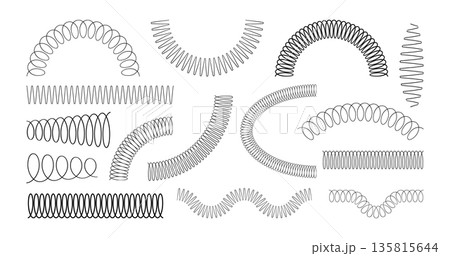 Spiral spring set. Metal wire coil spring icon collection. Thin zigzag waves symbol. Flexible coil shapes. Loop line pattern. Vector illustration isolated on white background Spiral spring set. Metal wire coil spring icon collection. Thin zigzag waves symbol. Flexible coil shapes. Loop line pattern. Vector illustration isolated on white background 135815644