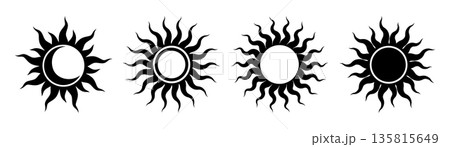 Tribal sun and moon symbol. Tattoo design. Star graphic geometric shape. Mystic black sun icon. Traditional ethnic art design element. Vector illustration isolated on white background 135815649