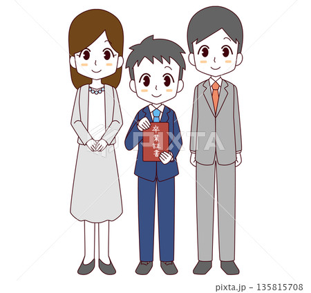 卒業証書を持った卒業生の男の子と両親のイラスト 卒業証書を持った卒業生の男の子と両親のイラスト 135815708