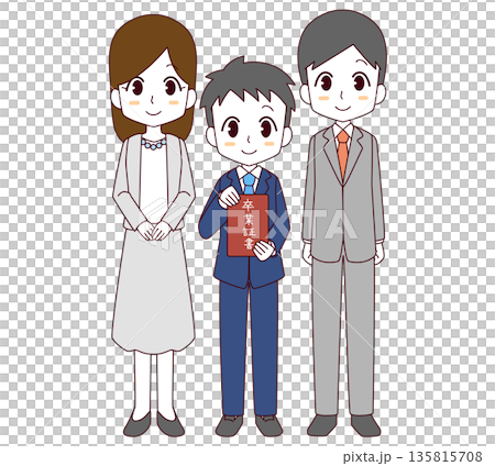 卒業証書を持った卒業生の男の子と両親のイラスト 卒業証書を持った卒業生の男の子と両親のイラスト 135815708