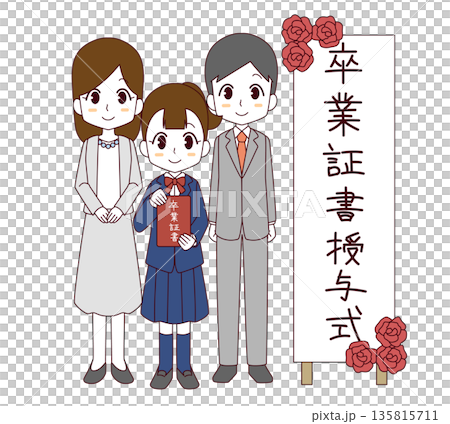 卒業式の看板の前で並ぶ女の子と両親のイラスト 135815711