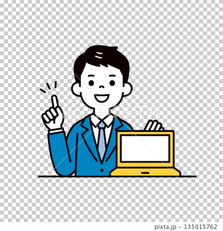 一幅簡單的上半身向量插圖，描繪了一位年輕商人展示電腦螢幕並提出建議的場景。 135815762