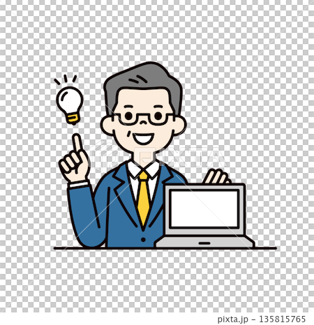 A simple upper body vector illustration of a middle-aged businessman showing a laptop and negotiating a business deal 135815765
