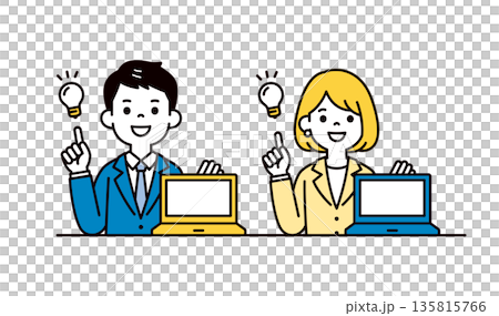 A simple vector illustration set of young male and female businessmen opening a computer screen and making a proposal 135815766