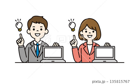 ノートパソコンの画面を見せて接客する、男女のビジネスパーソンのベクターイラスト素材セット 135815767