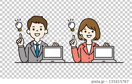 ノートパソコンの画面を見せて接客する、男女のビジネスパーソンのベクターイラスト素材セット 135815767