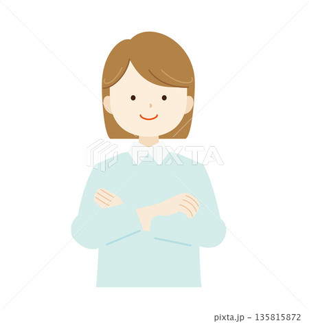 腕組みして微笑むボブカットの女性の上半身イラスト素材｜信頼・自信 135815872