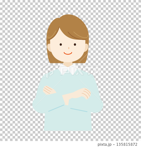 腕組みして微笑むボブカットの女性の上半身イラスト素材｜信頼・自信 135815872