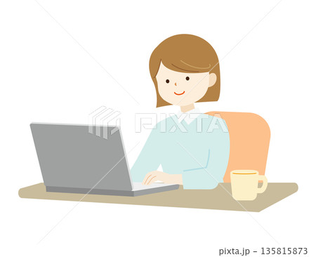 ノートパソコンに向かって作業する女性の上半身イラスト素材 在宅ワーク・仕事 ノートパソコンに向かって作業する女性の上半身イラスト素材 在宅ワーク・仕事 135815873