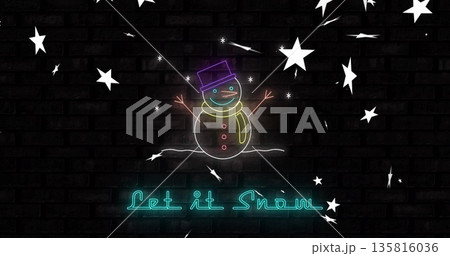 Neon snowman with stars and Let it Snow text image over brick wall Neon snowman with stars and Let it Snow text image over brick wall 135816036