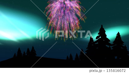 Image of fireworks over winter landscape at christmas 135816072