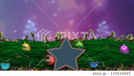 Image of christmas decoration with copy space over snow and light spots on purple background 135816085