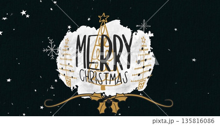 Image of merry christmas text and stars over christmas decorations on black background Image of merry christmas text and stars over christmas decorations on black background 135816086