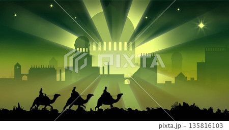 Image of three kings on camels over christmas bethlehem on green background Image of three kings on camels over christmas bethlehem on green background 135816103