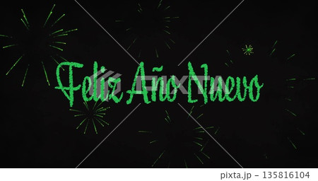 Image of feliz ano nuevo text and fireworks on black background 135816104